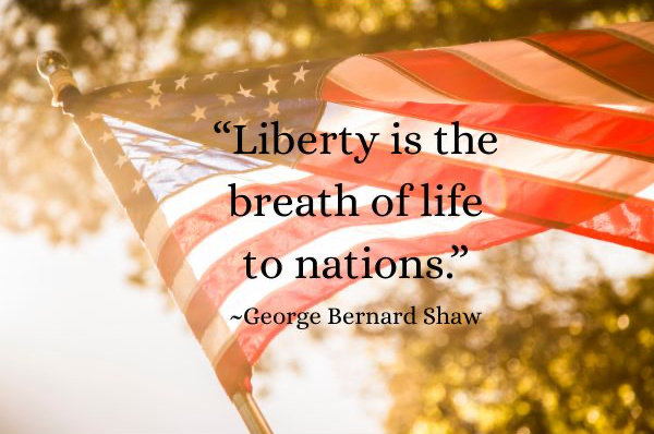“Liberty is the breath of life to nations overlay on an American flag. 
