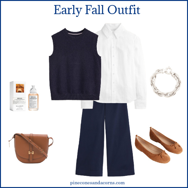 early fall blue and tan outfit fashion over 50.