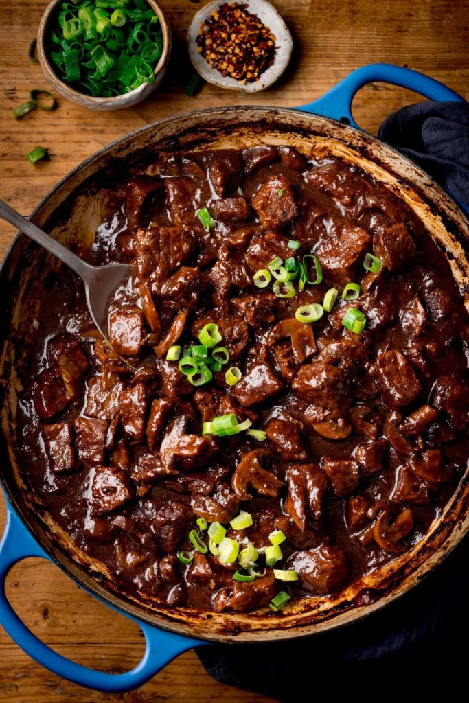 Chinese beef curry in a rich, savoury sauce with garlic, ginger, and five-spice.