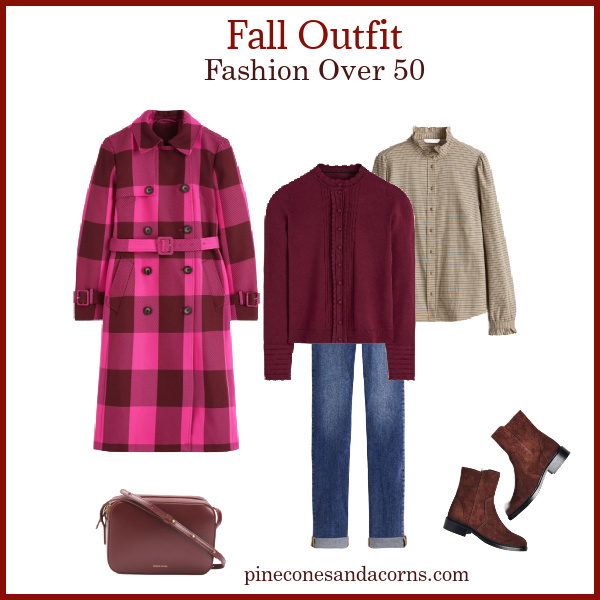 Burgundy Fall Outfit with plaid trench Fashion over 50