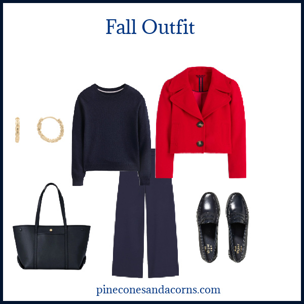Fall Outfit with red jacket, blue sweater and pants with blue shoes and gold earrings.