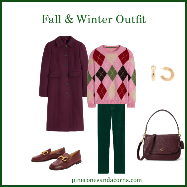 Fall Burgundy Outfit with a pink and green argyle sweater, green pants, burgundy shoes and bag with gold earrings.