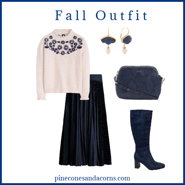 Fall Outfit Navy Skirt with blue and white flower Sweater.