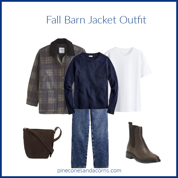Plaid barn jacket fall outfit with jeans, a sweater, Chelsea boots and a white T-shirt and brown bag.