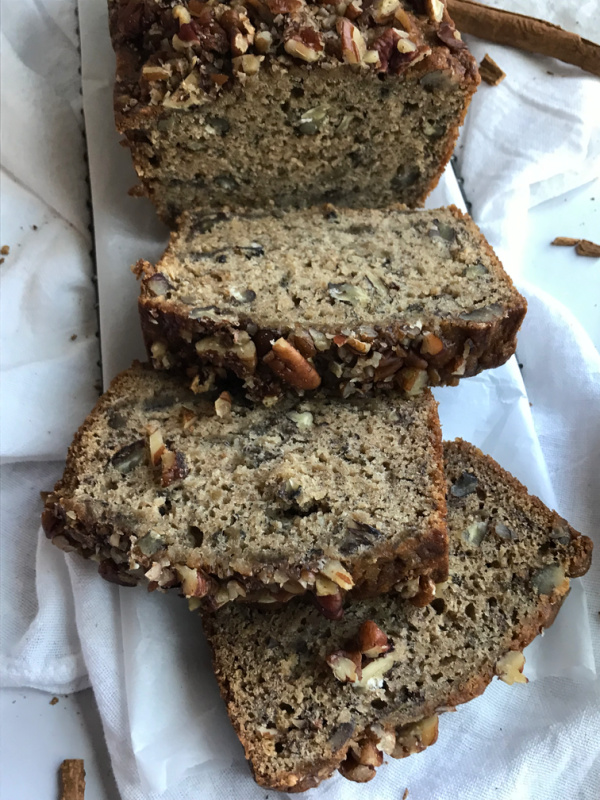 cinnamon spice banana bread sliced. 