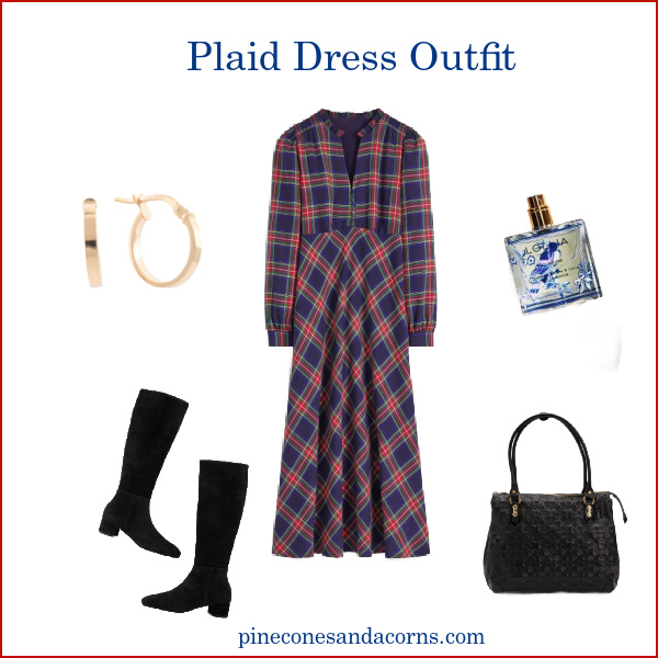 plaid dress outfit from Boden with black boots, bag, gold earrings, and perfume.