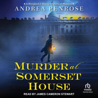 Murder at Somerset house book cover with a man dressed in regency clothing holding a lantern silhouetted against a large house. 