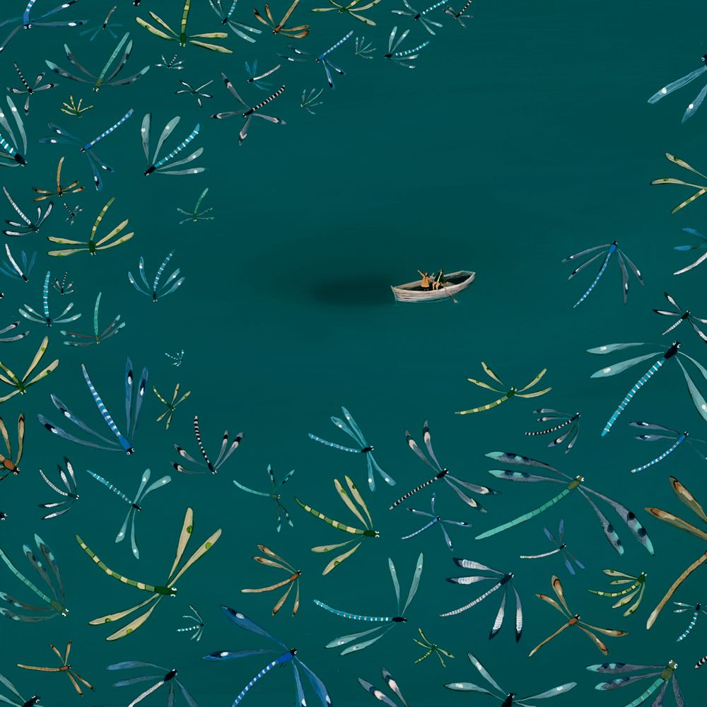 A painting of a small boat in a pond with fireflies. 