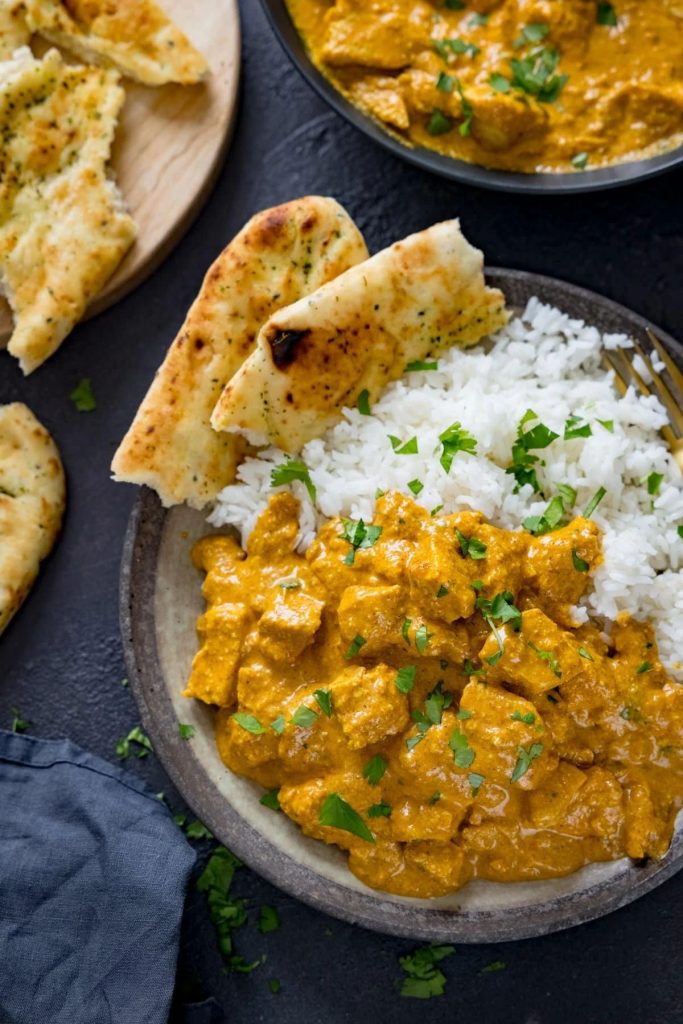 chicken korma and rice. 