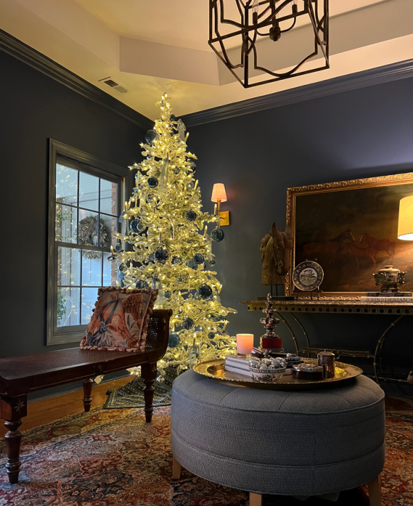 Christmas tree decorated in an Indigo blue living room.