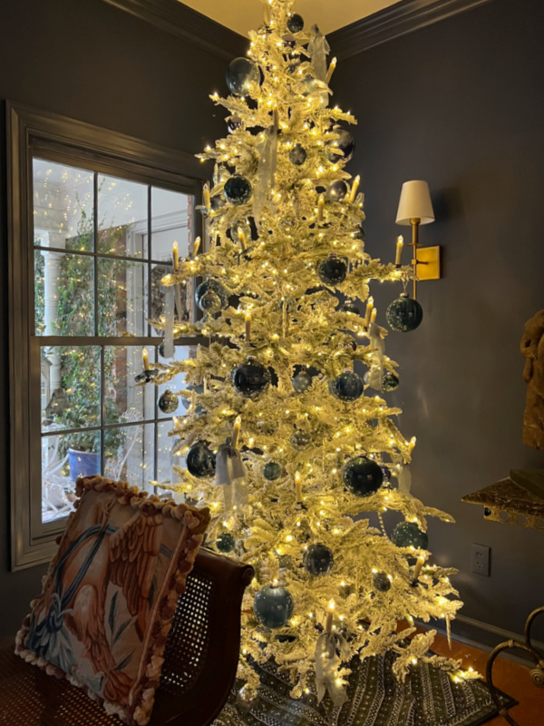 Christmas tree with blue ornaments.