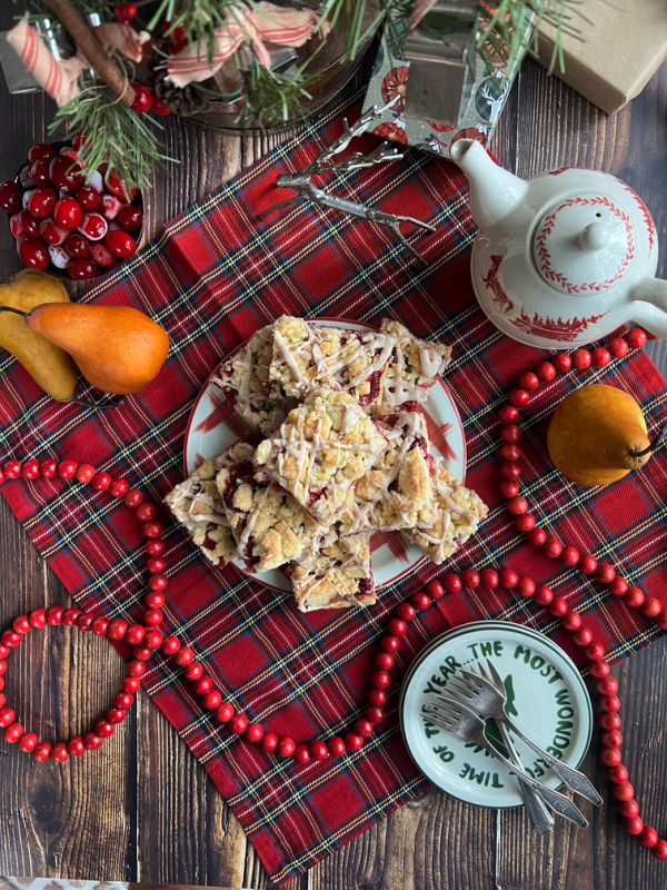 Cranberry Pear bar with crumble topping flatlay.