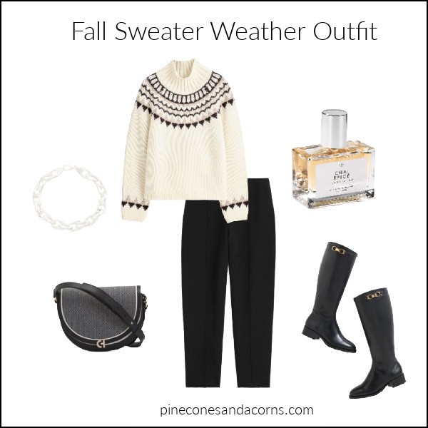 Fall Sweater Weather outfit with fair isle sweater and black pants.