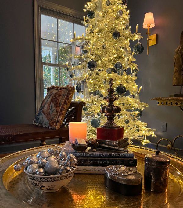 Flock christmas tree blue living room.