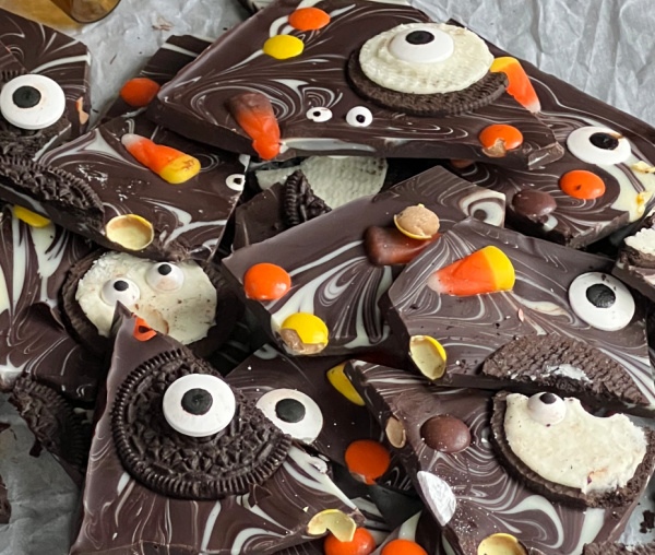 halloween chocolate bark pieces, with Oreo cookies.