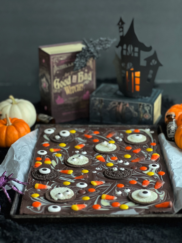 halloween chocolate bark, pumpkins and books, haunted house candle.
