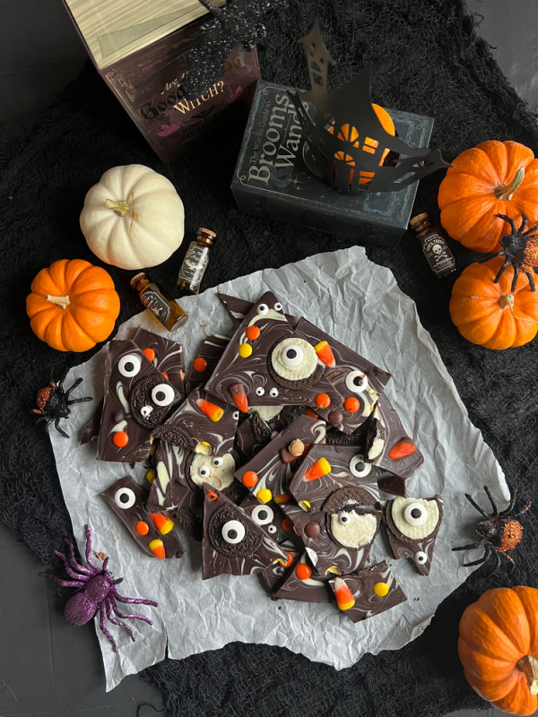 halloween chocolate bark, pumpkins and books.