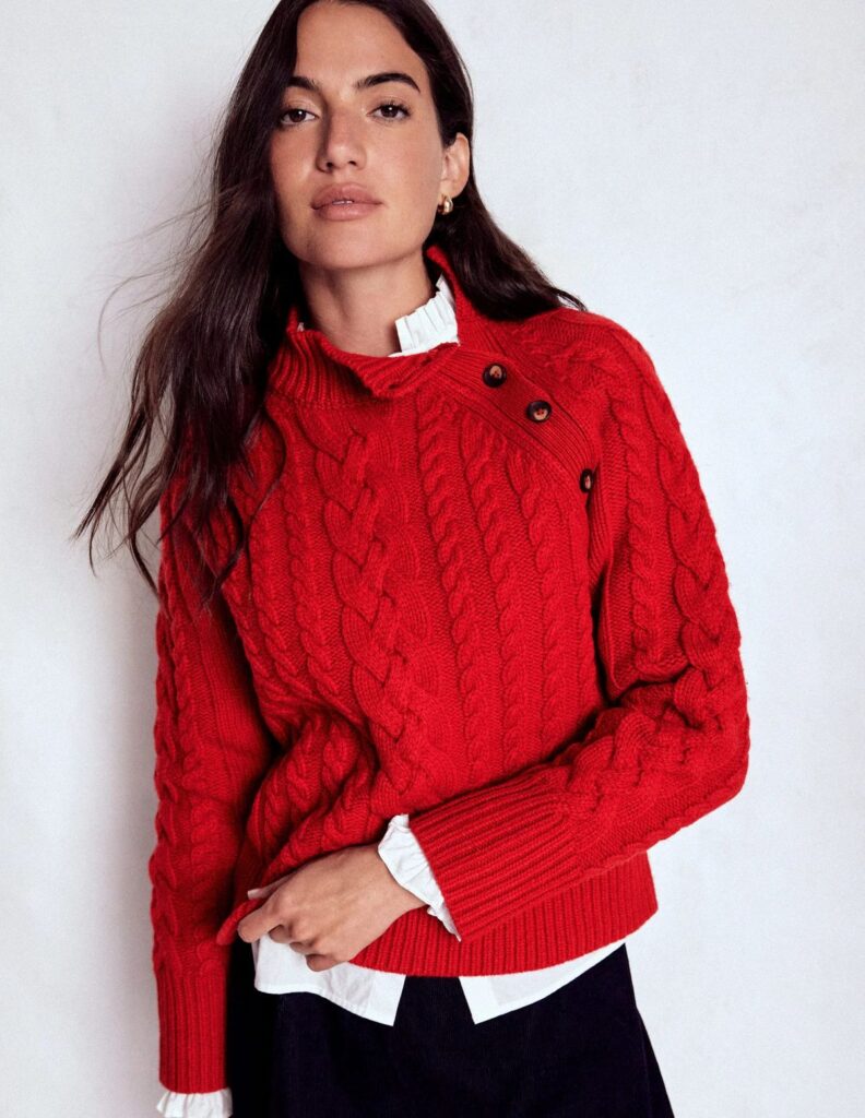 red sweater. 