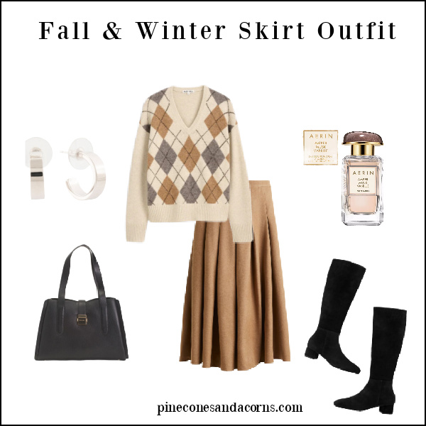 Argyle Sweater and skirt outfit with black bag, boots, perfume and silver earrings.