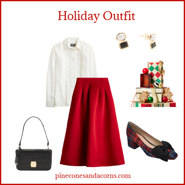 Holiday outfit with red shirt white blouse black accessories and gold and black earrings.