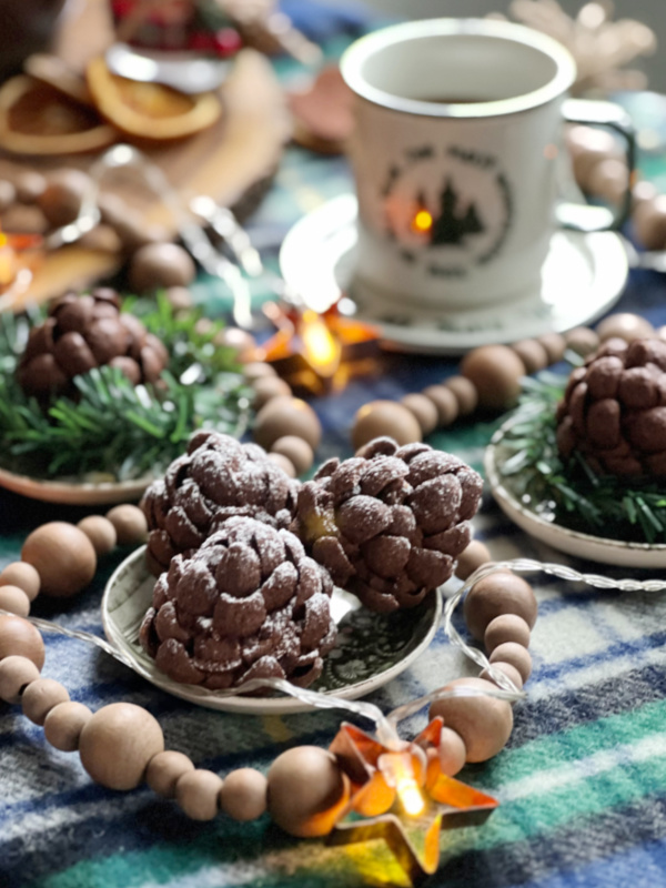 brownie pinecones and a cup of tea.