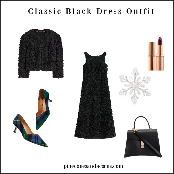 classic black dress outfit with a snowflake brooch.