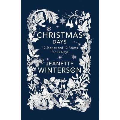 Christmas Days book cover, blue with silver woodcut of vines, trees, animals. 