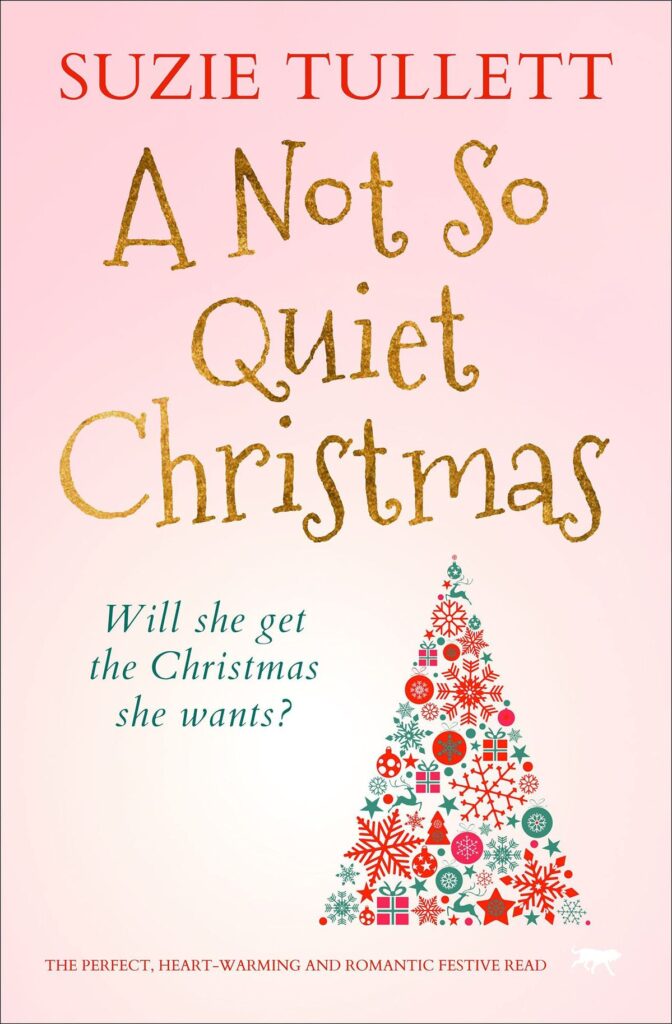 A not so quiet christmas, book cover, pink with a christmas tree. 