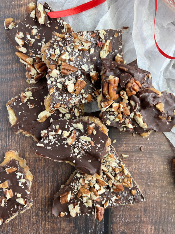 Christmas crack toffee with pecans.