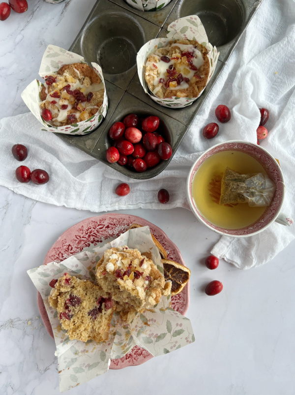 Cranberry Orange Muffins with Candied Orange Peel and a cup of tea.