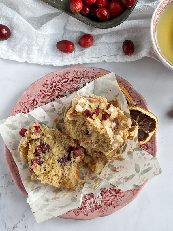 Cranberry Orange Muffins with Candied Orange Peel on a red transfer ware plate.