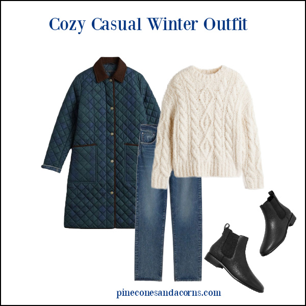 Fashion over 50 Winter outfit with Plaid jacket white sweater jeans and black boots.