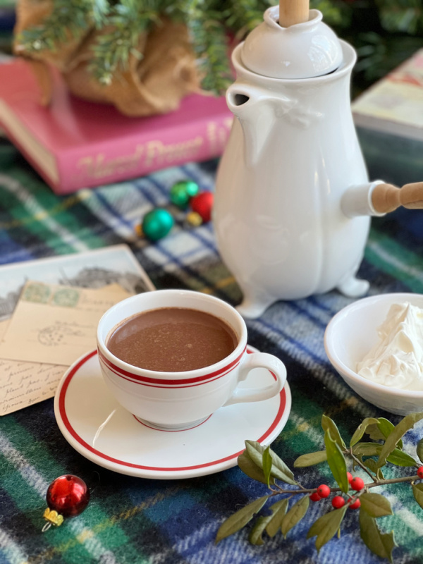 Parisian French hot chocolate in a cup with a chocolate pot.