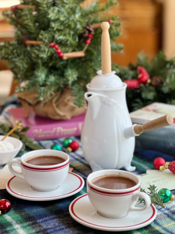 Parisian Hot chocolate in two white cups with red accents and a Pillivuyt Porcelain France - Hot Chocolate Pot .