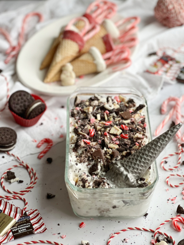 Peppermint Bark Cookies and Cream No Churn Ice Cream and a platter of red and white dipped cones. 