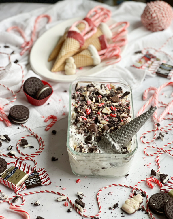 Red and White Dipped sugar cones with candy canes and a lot pan of peppermint bark ice cream.
