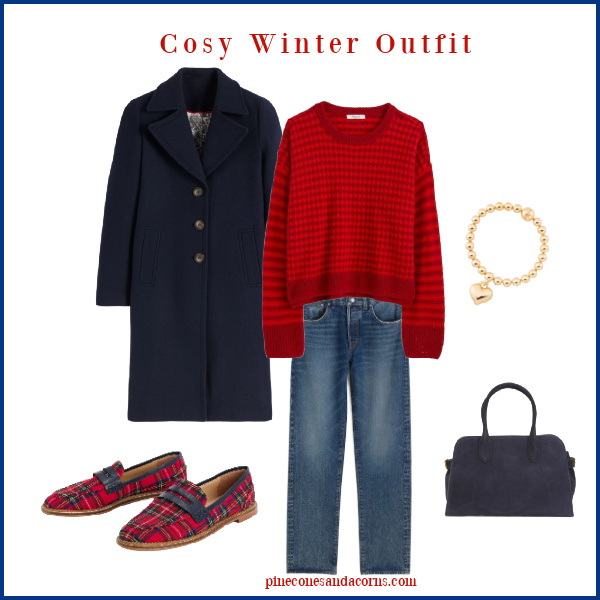 cosy winter outfit with red sweater and plaid shoes.