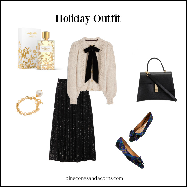 holiday outfit with black sequins skirt, plaid shoes, ivory sweater with black bow.