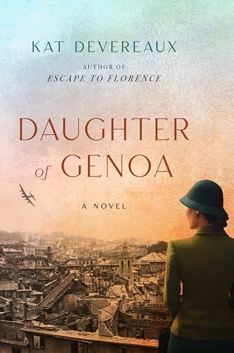 Daughter of Genoa book cover with a woman looking over the city and plans flying above. 