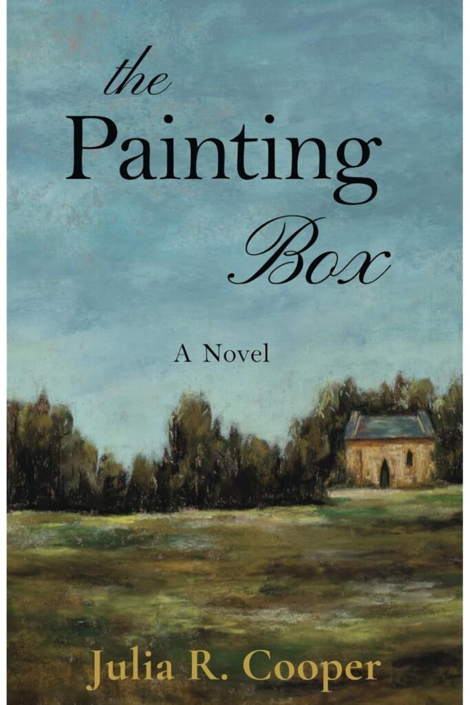 The Painting Box book cover with a small house in a woodland. 
