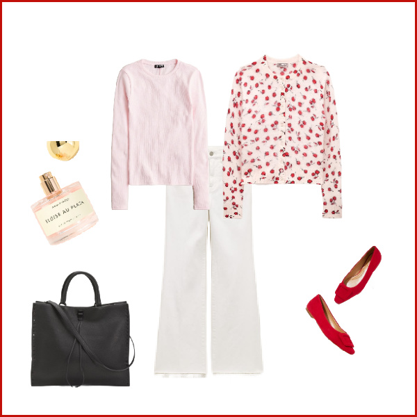 Early Spring outfit with white jeans, and a cashmere sweater with cherries.