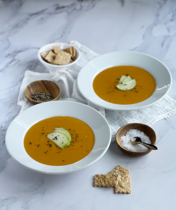 Ina Garten Butternut Squash and Apple Soupin white bowls