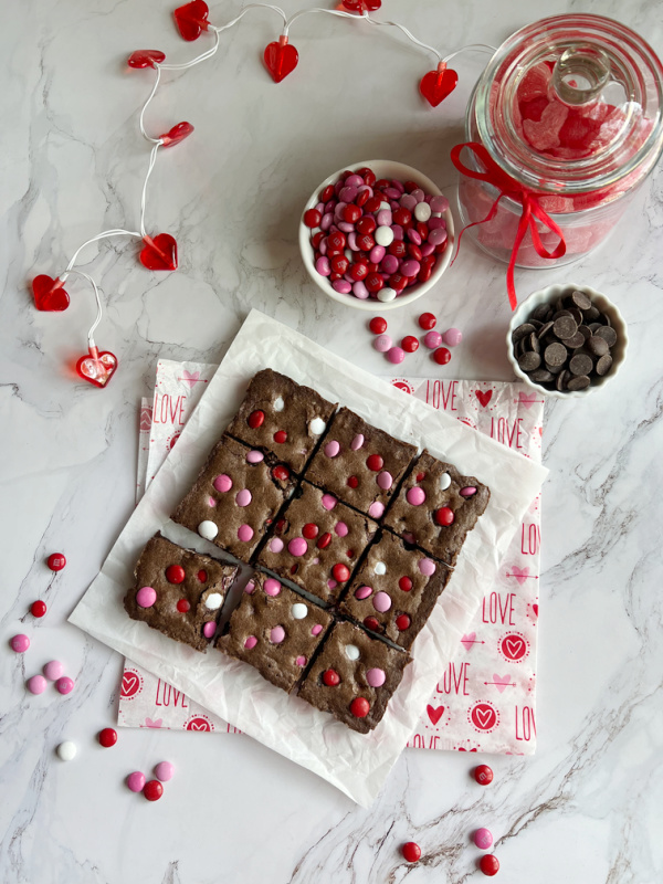 M&M Fudge Valentine Brownies.