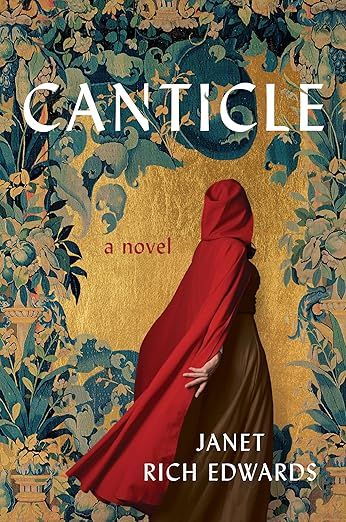 Book cover of Canticle, woman in red cape. 