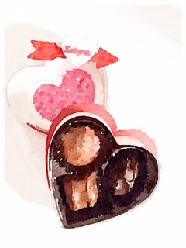 A watercolor heart box of chocolate.