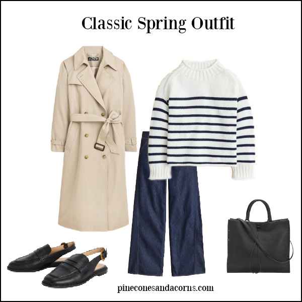Classic spring outfit, trench, jeans, stripe sweater, slingback shoes and black bag.