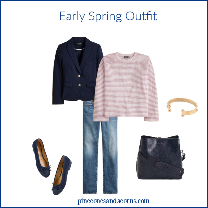 Fashion over 50 Early Spring Outfit with blue blazer.