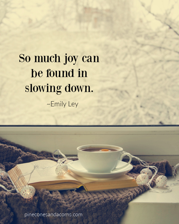 So much joy can be found in slowing joy. Emily Ley quote overlay on a cup of tea and a book overlooking a snowy window.