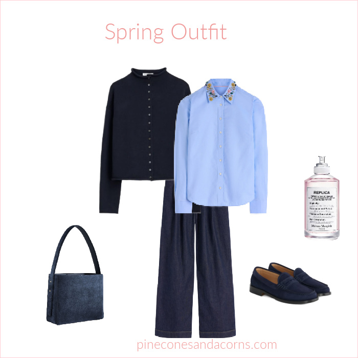 Spring outfit with blue sweater and blue jeweled top.