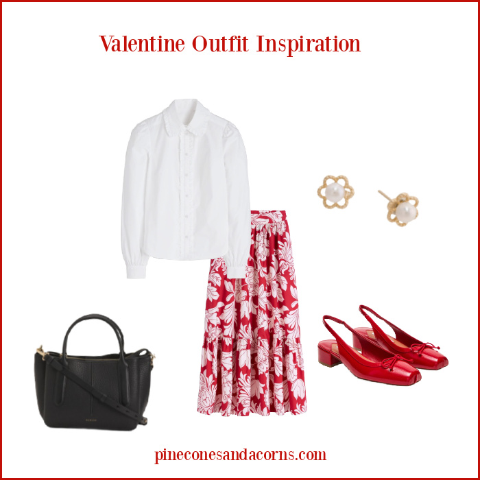 Valentine Outfit inspiration Fashion over 50 with red and white skirt.